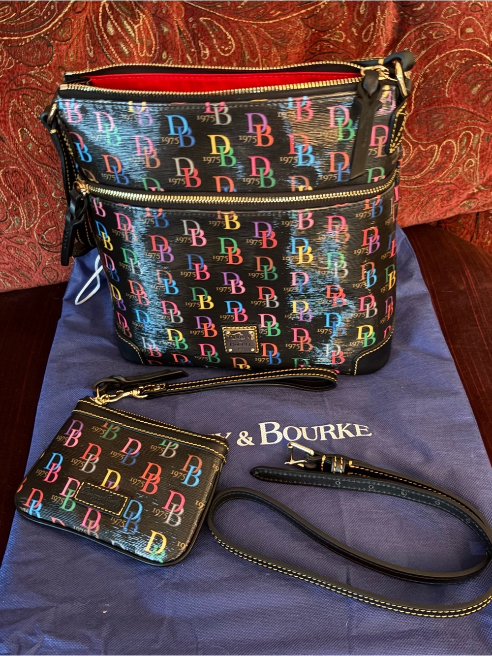 Dooney & Bourke Black Multicolor DB Logo Crossbody with Wristlet